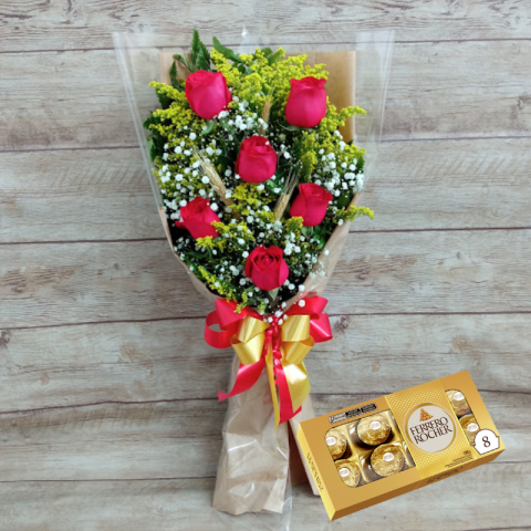 Buquê com 6 Rosas no Papel Kraft + Ferrero Rocher